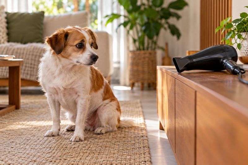 Cachorro com medo do secador em ambiente doméstico