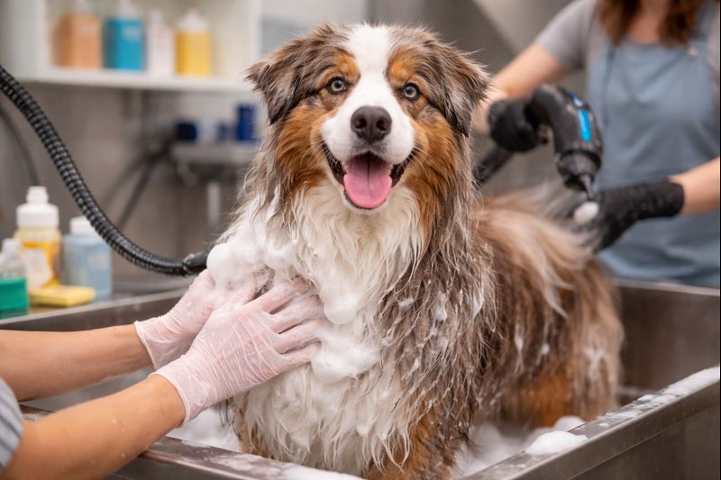cachorro de pelo longo em banho e tosa