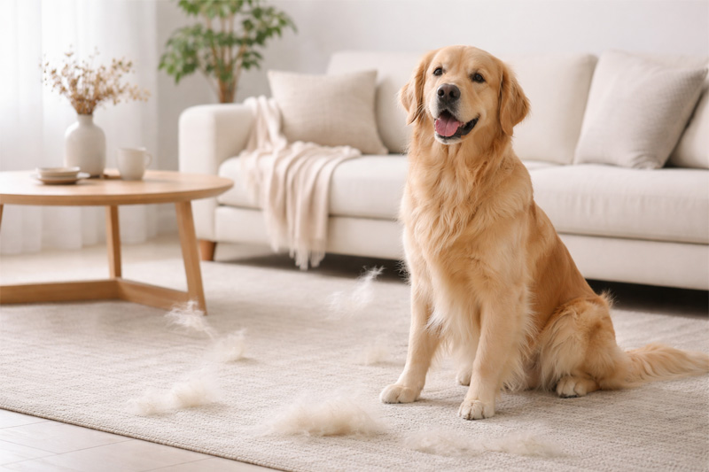 Cachorro soltando pelos em sala de estar clean e moderna