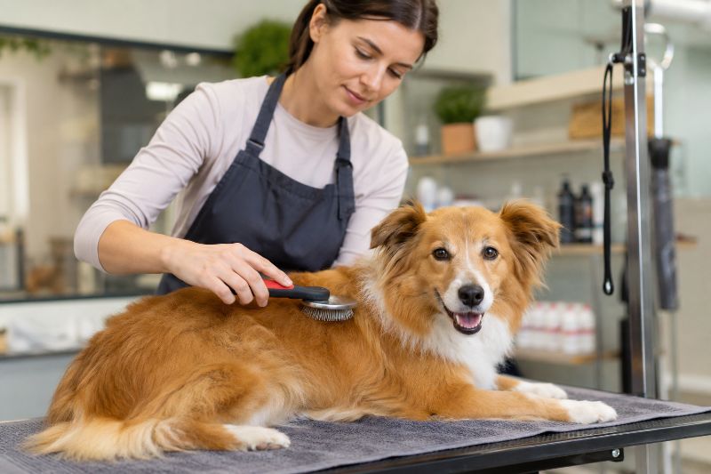 Cão tranquilo durante banho e tosa em pet shop, demonstrando conforto e confiança no atendimento