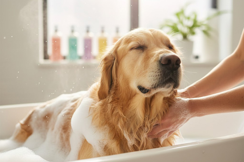 Cão recebendo banho relaxante com shampoo de tratamento para fortalecer fios e ajudar a reduzir a queda de pelos