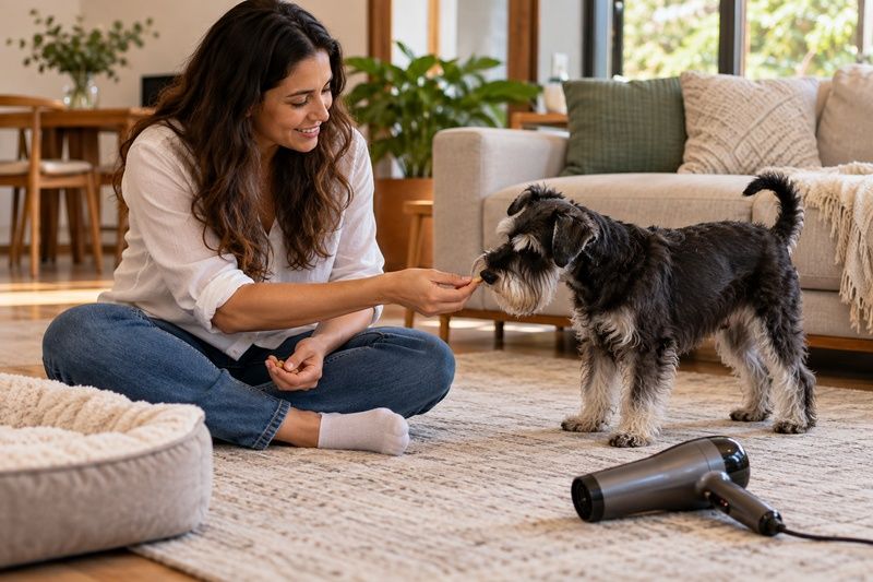 Tutor acostumando cachorro ao secador desligado