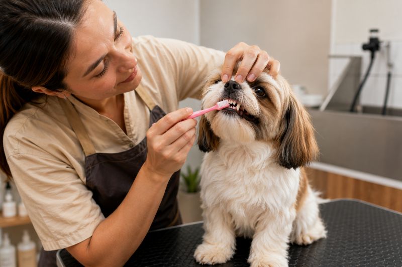 escovação dental canina durante cuidados de higiene