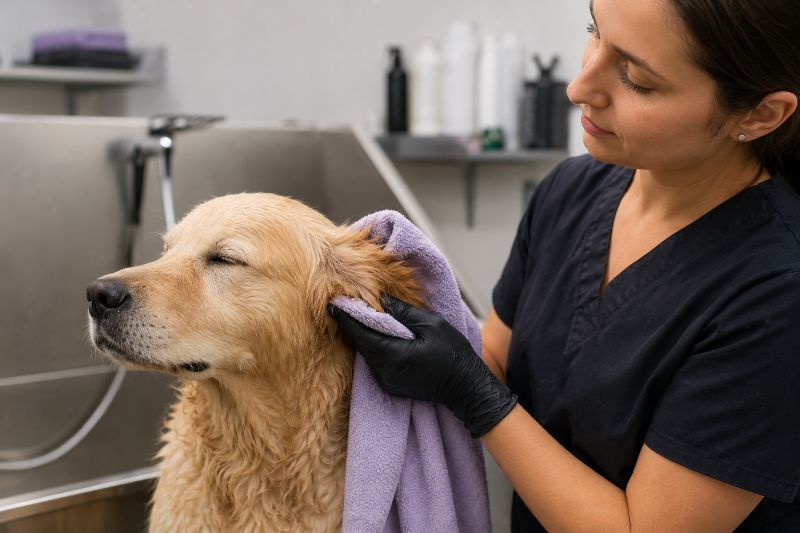 secagem cuidadosa das orelhas do cachorro após banho
